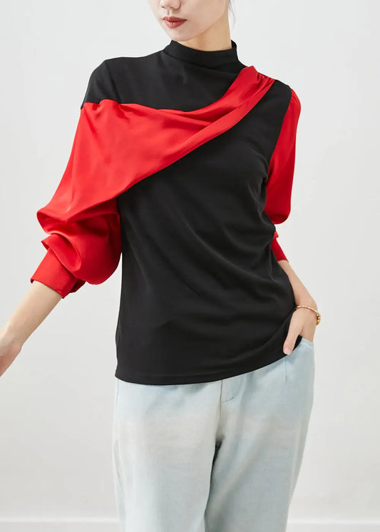 DIY Red Asymmetrical Patchwork Cotton Shirt Tops Batwing Sleeve Ada Fashion