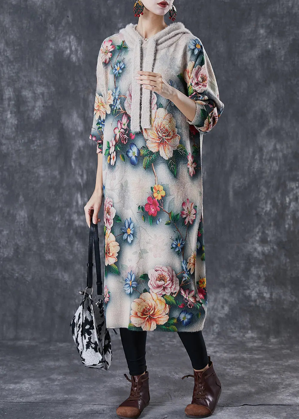 Diy Khaki Hooded Floral Mink Velvet Knitted Mid Dress Winter Ada Fashion