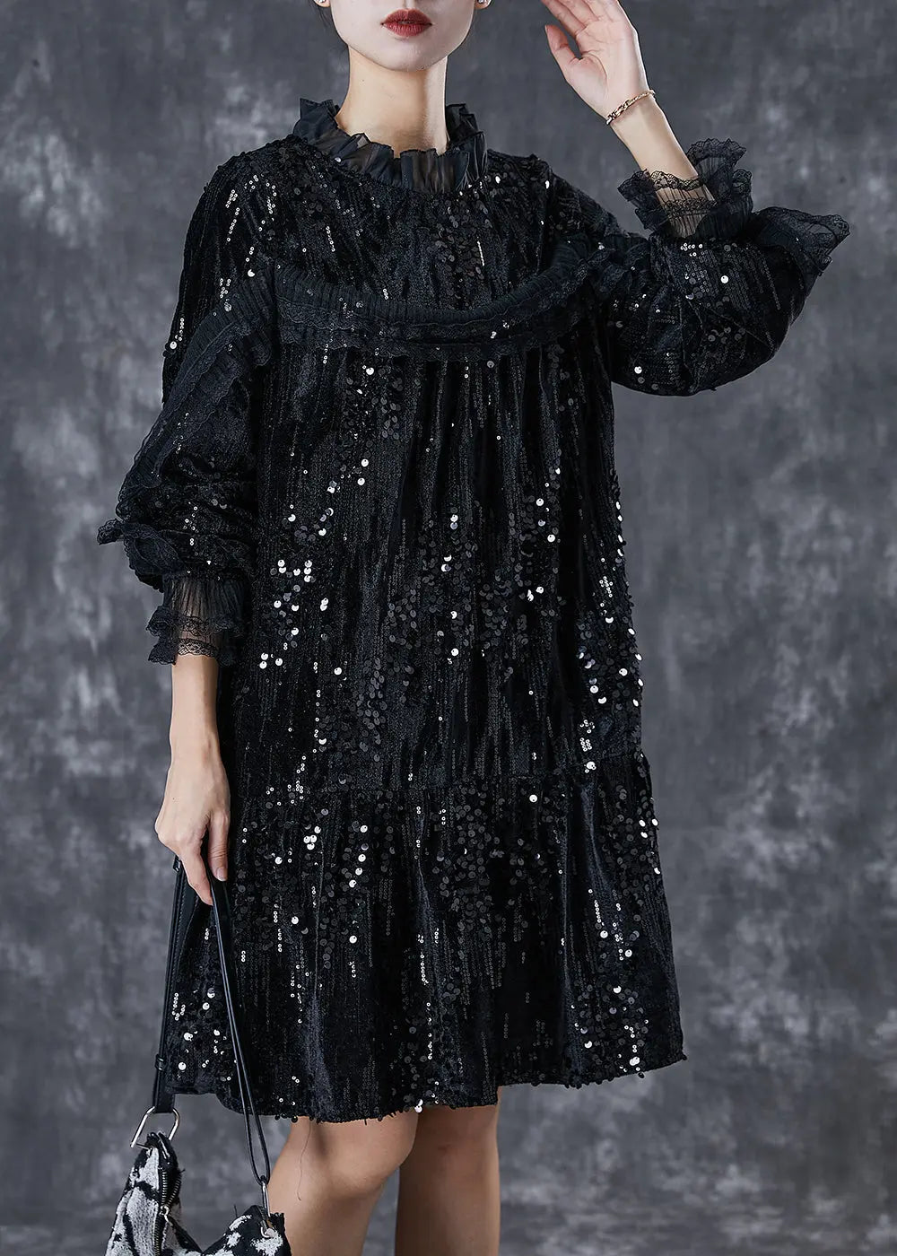 Elegant Black Sequins Patchwork Velour Mid Dresses Spring Ada Fashion