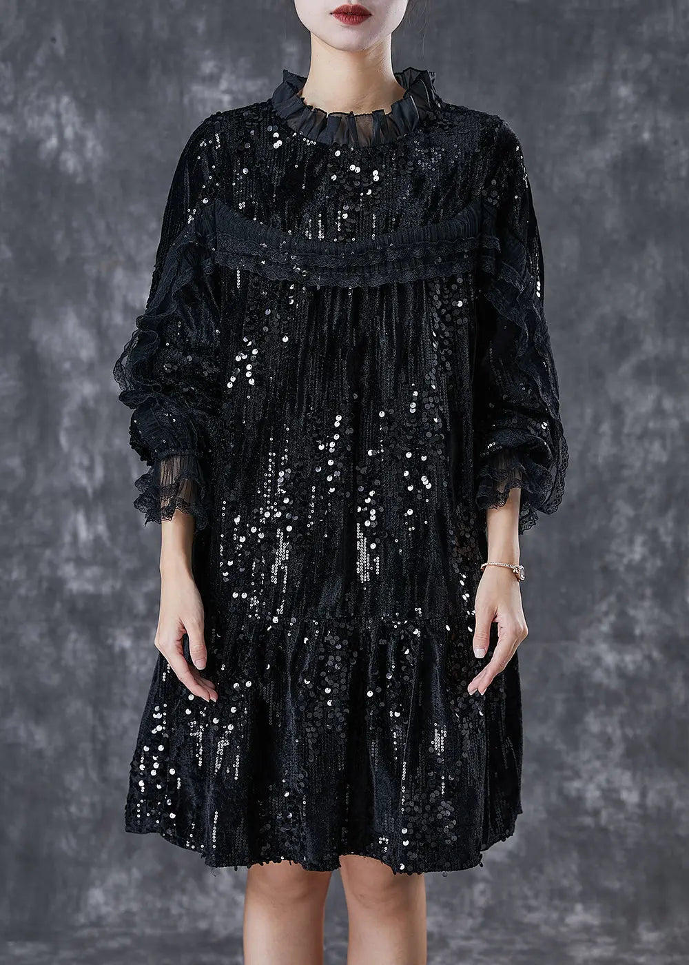 Elegant Black Sequins Patchwork Velour Mid Dresses Spring Ada Fashion