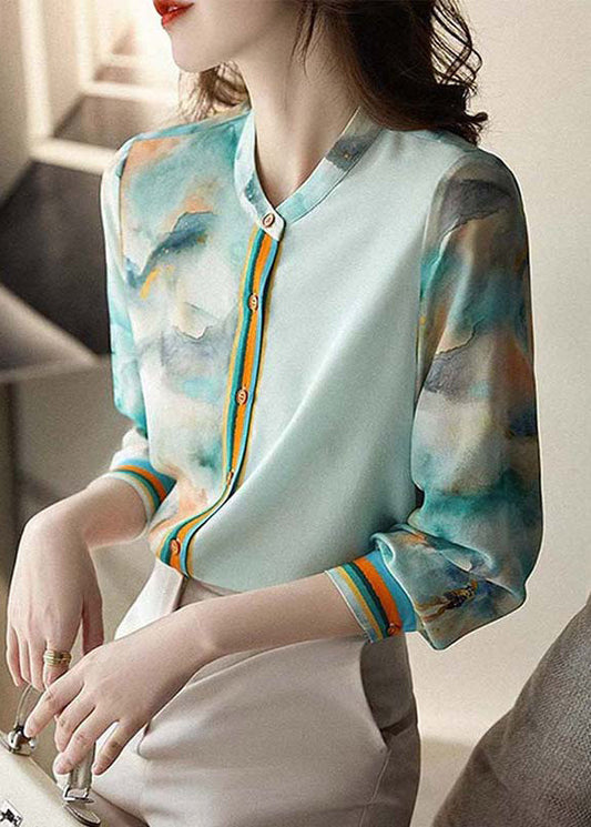 Elegant Blue Print Button Silk Blouses Spring Ada Fashion
