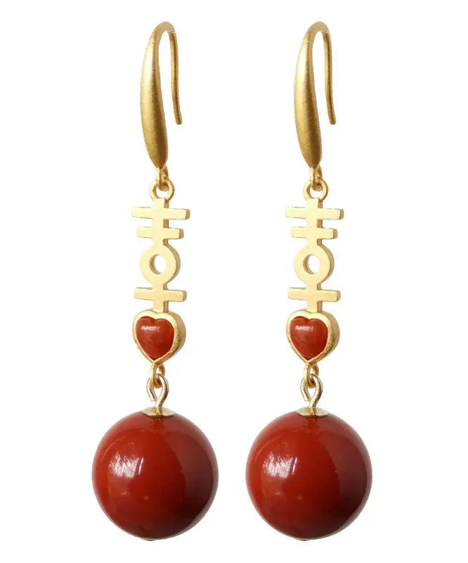 Elegant Red Cinnabar Sterling Silver Inlaid Agate Double Happiness Drop Earrings Ada Fashion