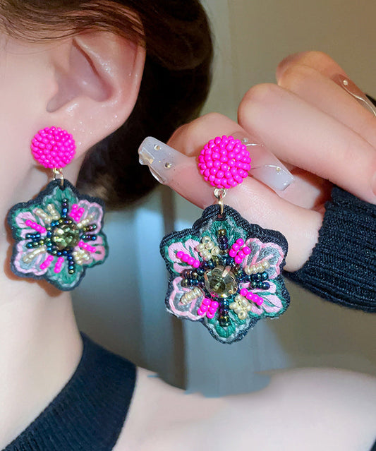 Elegant Rose Hand Woven Alloy Beads Embroidery Floral Drop Earrings GH1023