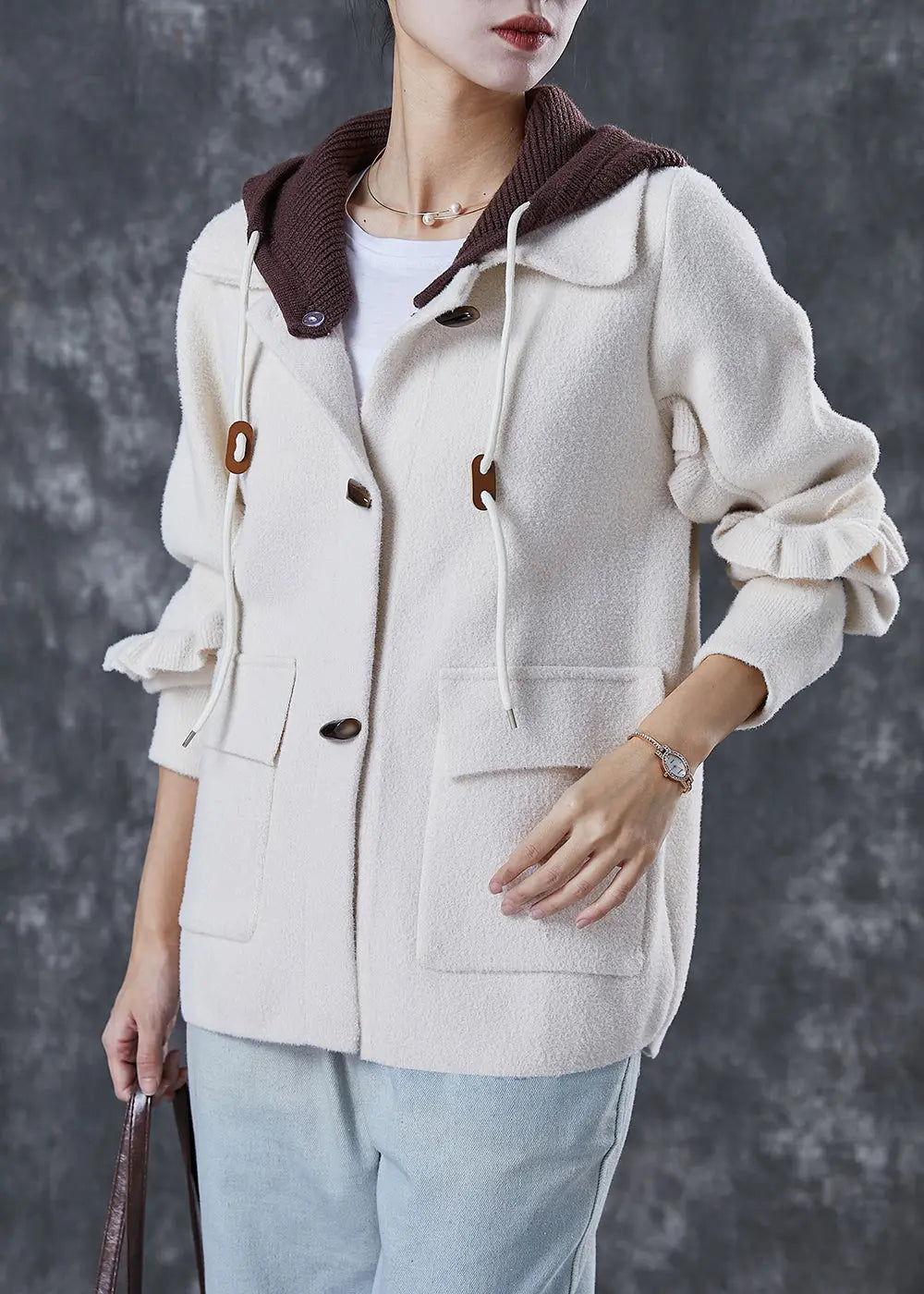 Elegant White Hooded Patchwork Ruffled Woolen Coats Spring Ada Fashion