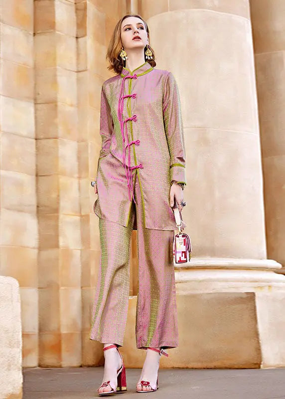 Fashion Pink Print Silk Cotton Shirts And Crop Pants Two Pieces Set Fall Ada Fashion
