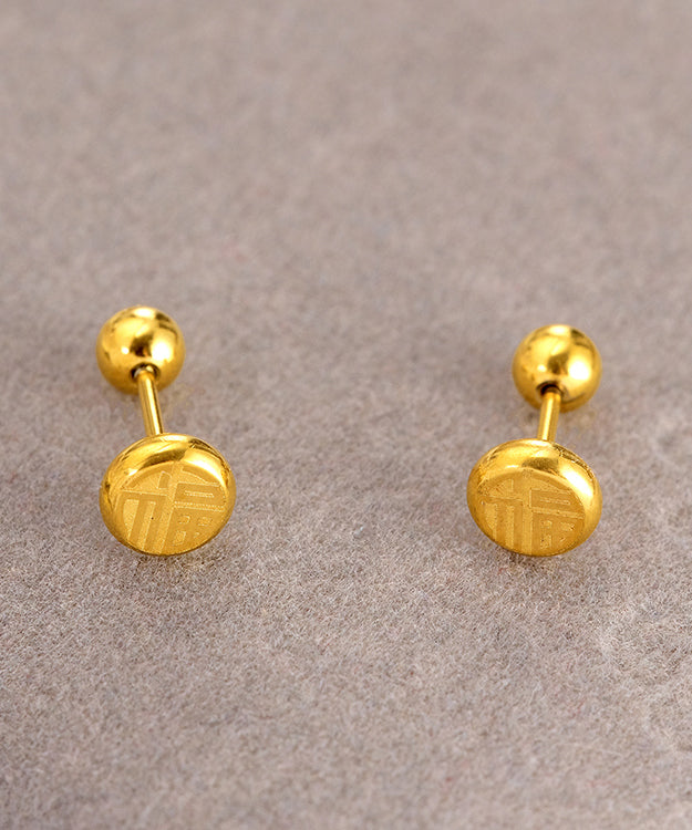 Fine Gold Stainless Steel Fu Character Stud Earrings GH1051