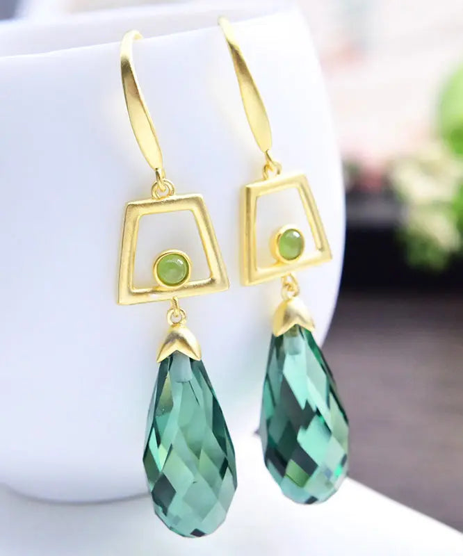Fine Green Sterling Silver Overgild Inlaid Crystal Jade Drop Earrings Ada Fashion
