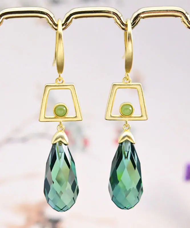 Fine Green Sterling Silver Overgild Inlaid Crystal Jade Drop Earrings Ada Fashion