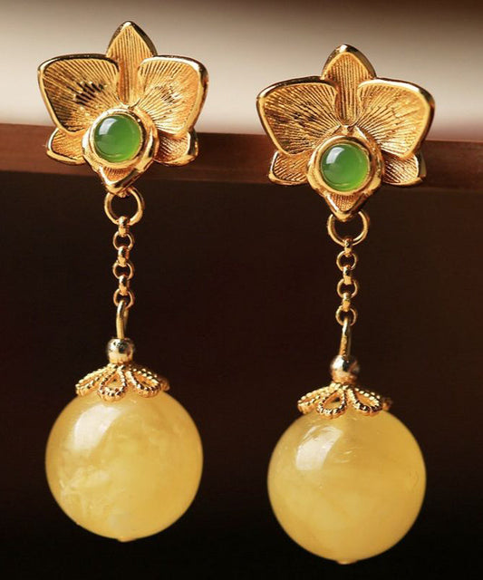 Fine Yellow Sterling Silver Overgild Beeswax Amber Crystal Floral Drop Earrings GH1025