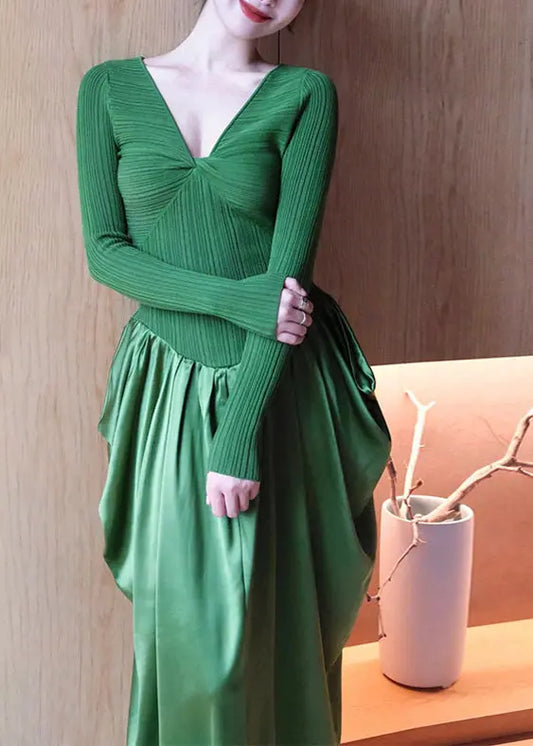 Fitted Green V Neck Wrinkled Knit Patchwork Silk Long Dresses Fall Ada Fashion