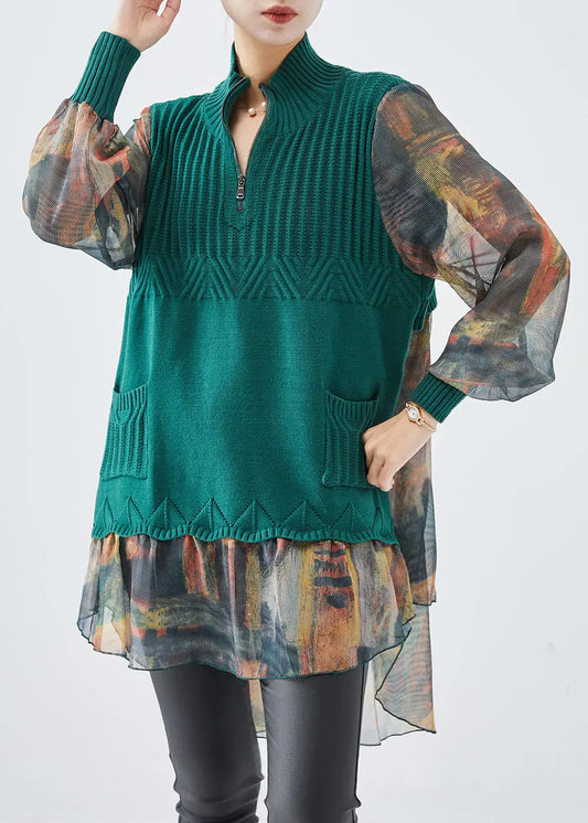Fitted Green Zip Up Patchwork Knit Tops Fall Ada Fashion