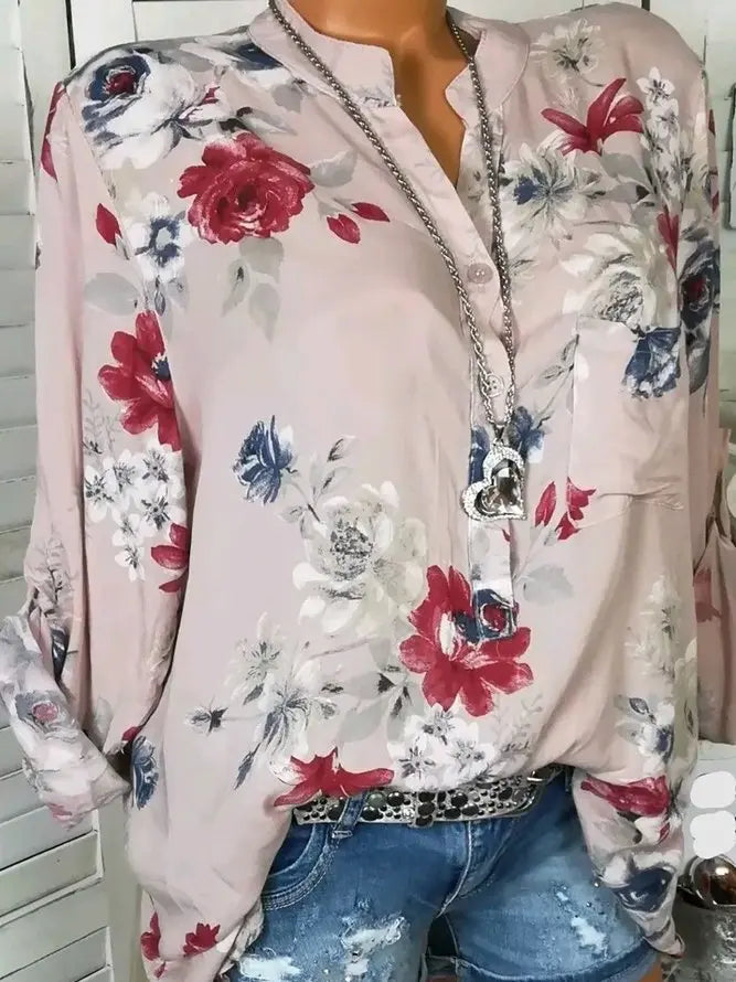 Floral Long Sleeve V neck Cotton Blouses&shirts adawholesale