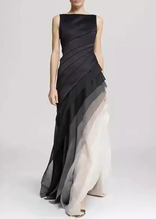 French Black High Waist Patchwork Tulle Maxi Dresses Sleeveless AA1054