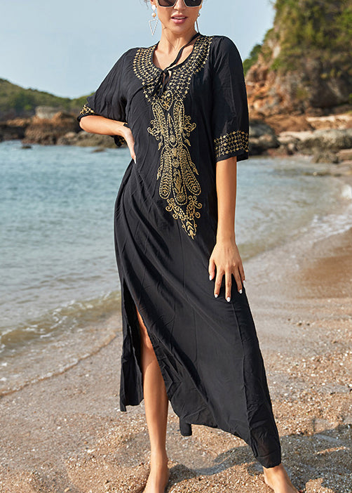 French Black Lace Up Side Open Cotton Long Dresses Summer AA1052