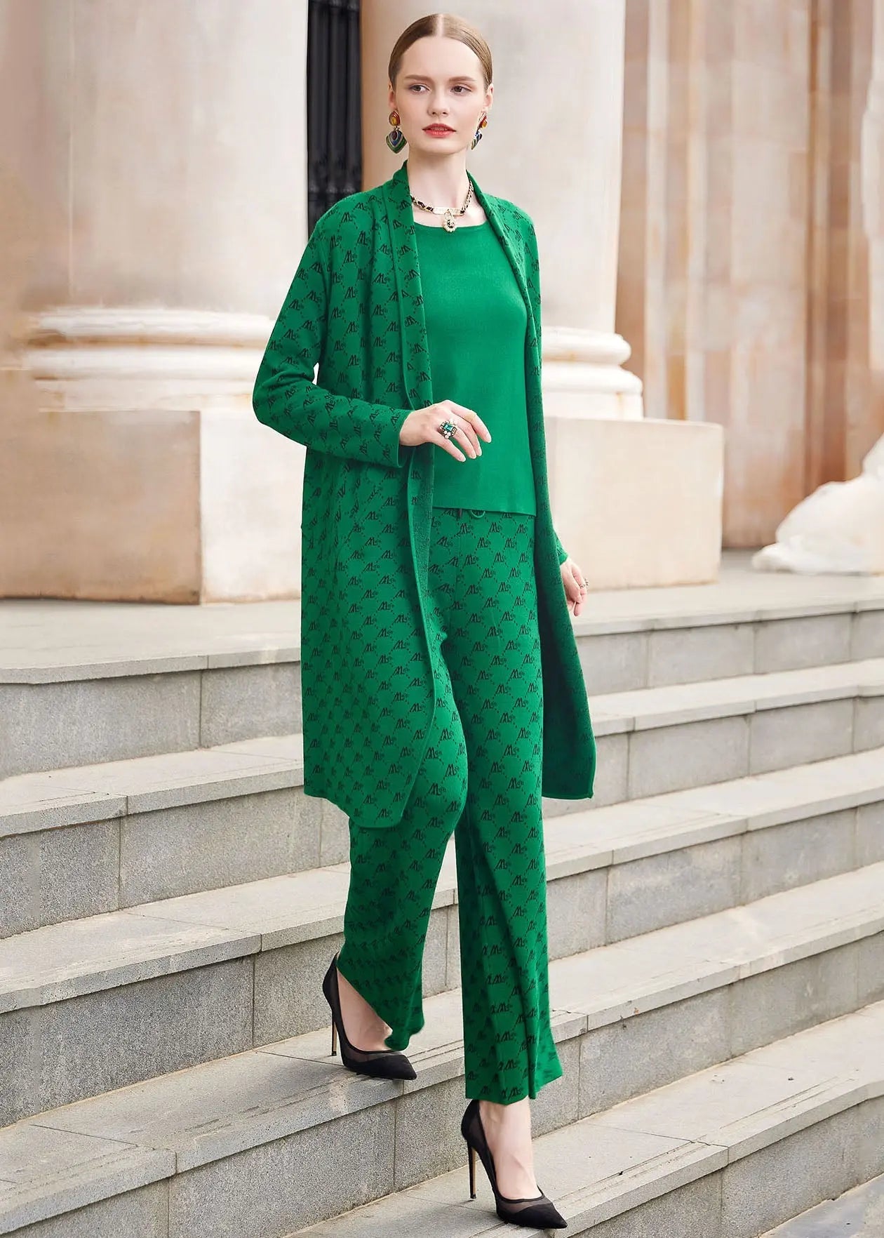 French Green Print Woolen Coats Vest And Straight Pants Three Piece Set Outfits Fall Ada Fashion