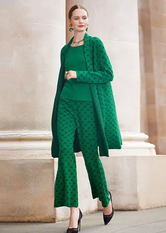 French Green Print Woolen Coats Vest And Straight Pants Three Piece Set Outfits Fall Ada Fashion