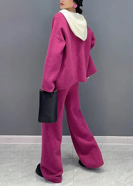 French Rose Hooded Tops And Pants Woolen Two Piece Suit Set Fall Ada Fashion