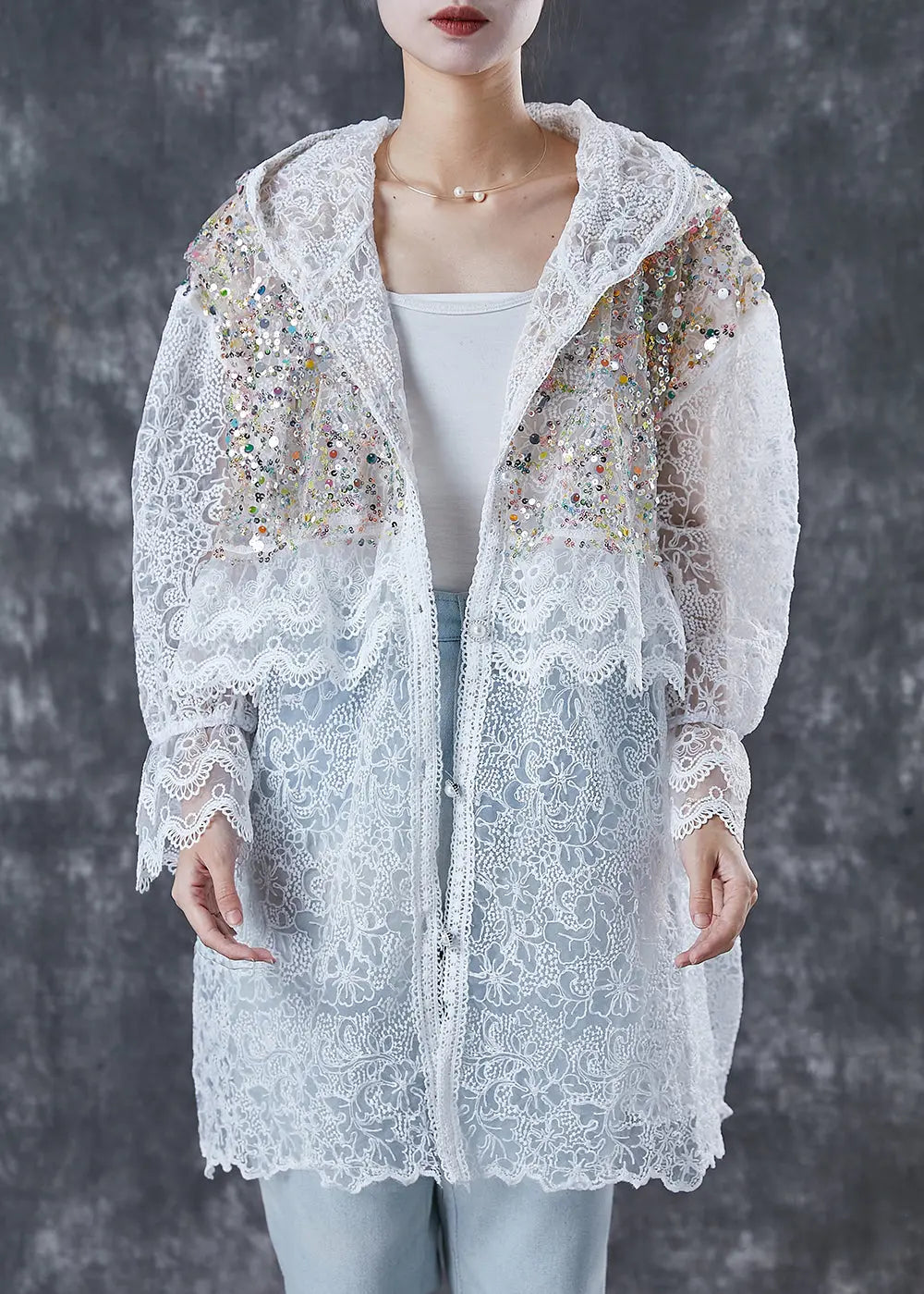 French White Sequins Hollow Out Lace Jackets Spring Ada Fashion