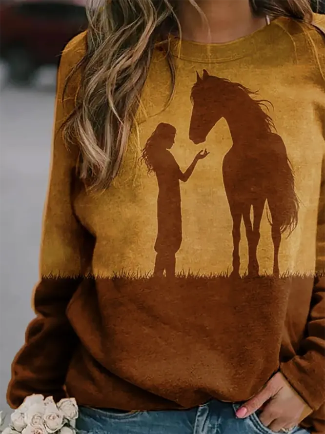 Girl And Horse Print Crew Neck Sweatshirt adawholesale