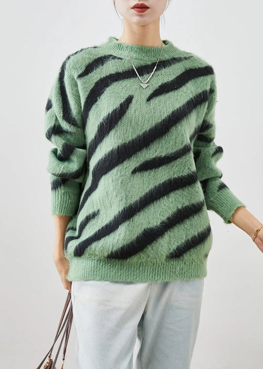 Grass Green Thick Knitted Tops Oversized Zebra Pattern Print Fall Ada Fashion