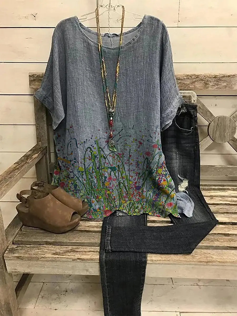 Gray Crew Neck Casual Floral Linen Shirts & Tops AD083 mysite