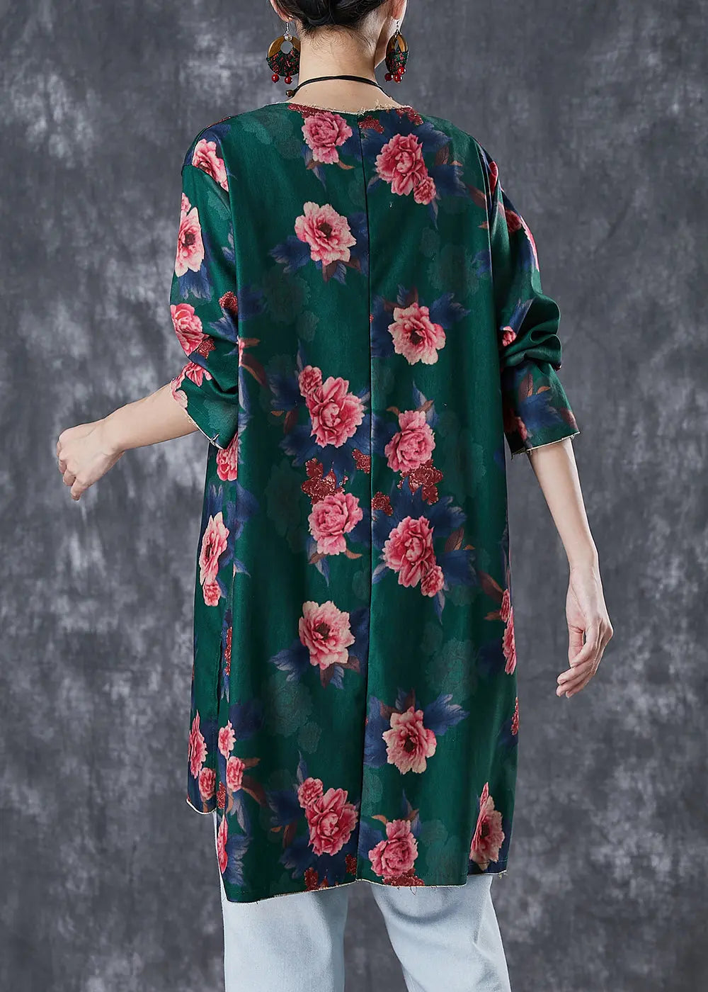 Green Floral Print Linen Mini Dress Side Open Fall Ada Fashion