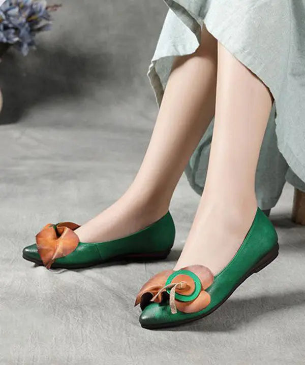 Green Floral Splicing Cowhide Leather Flat Shoes Pointed Toe Ada Fashion