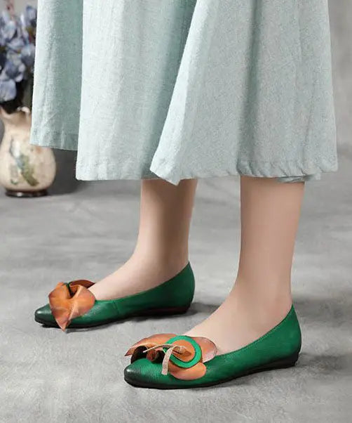 Green Floral Splicing Cowhide Leather Flat Shoes Pointed Toe Ada Fashion