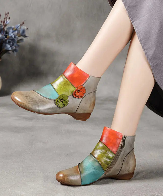 Grey Boots Cowhide Leather Comfortable Splicing Floral Ada Fashion