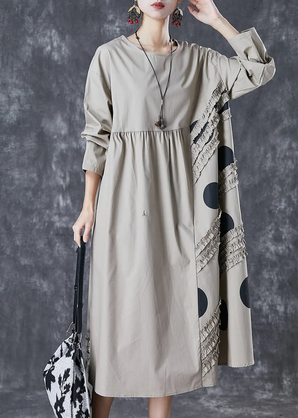 Grey Patchwork Cotton Holiday Dress Ruffled Spring Ada Fashion