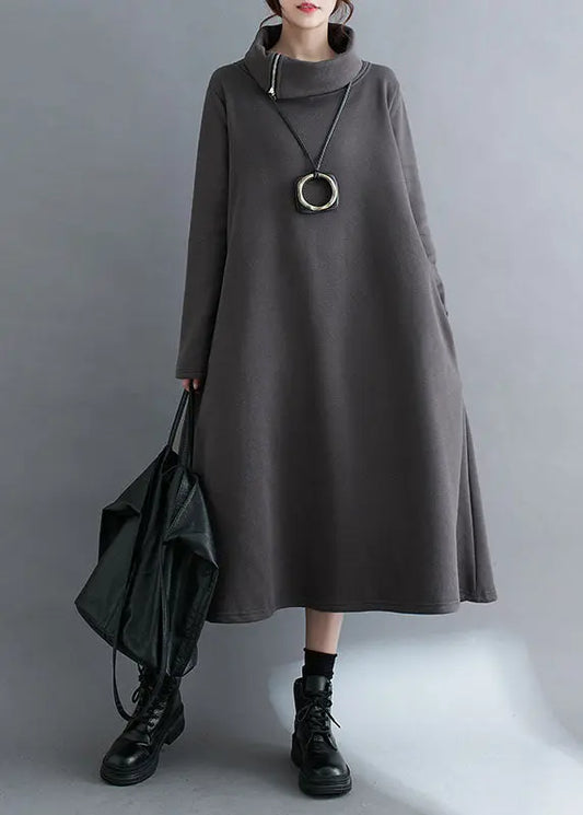 Grey Zippered Fleece Dress Maxi Sweatshirt Dress Winter Ada Fashion