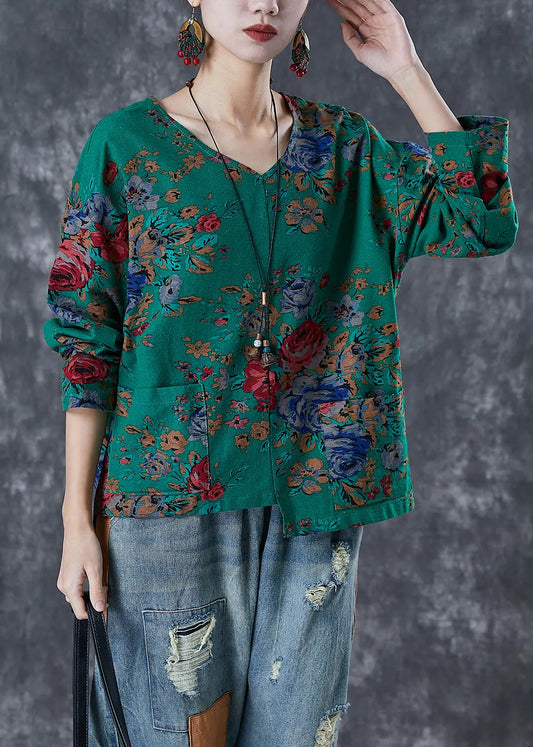 Handmade Green Asymmetrical Print Linen Shirt Tops Fall Ada Fashion