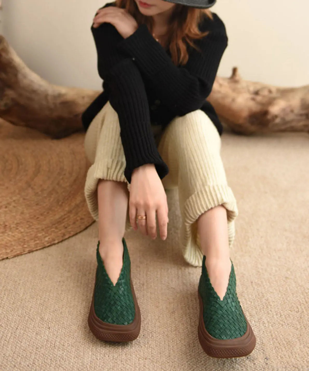 Handmade Green Sheepskin Splicing Comfortable Ankle Boots Ada Fashion