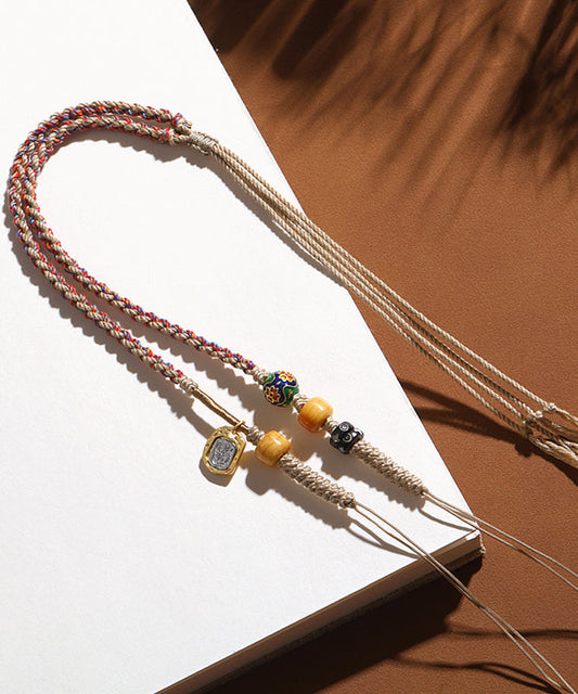 Handmade Khaki Cloisonne Barrel Bead Tassel Lariat Necklace GH1036