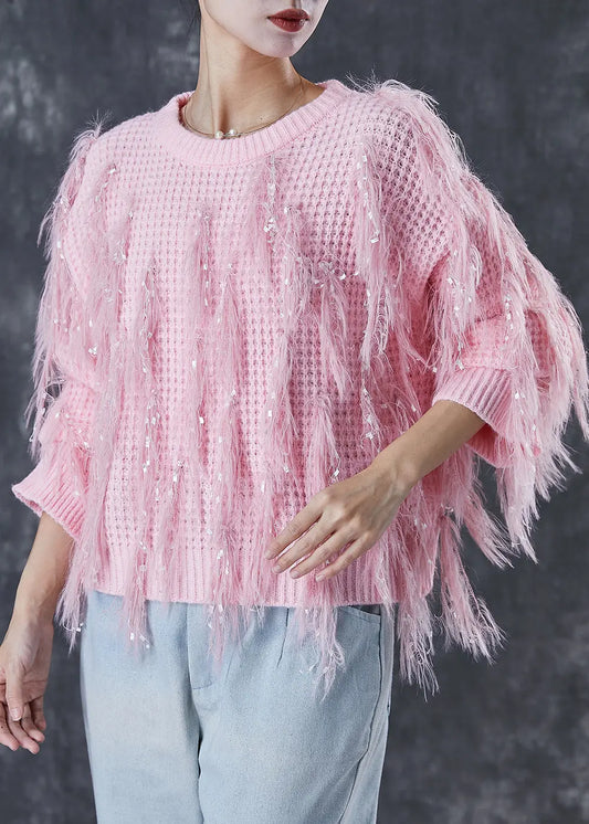 Handmade Pink Tasseled Sequins Knit Sweater Winter Ada Fashion