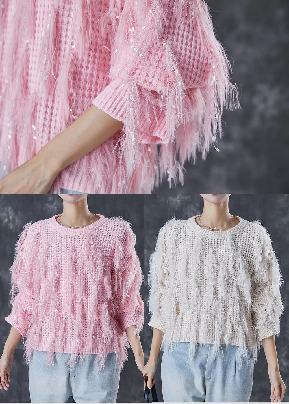 Handmade Pink Tasseled Sequins Knit Sweater Winter Ada Fashion