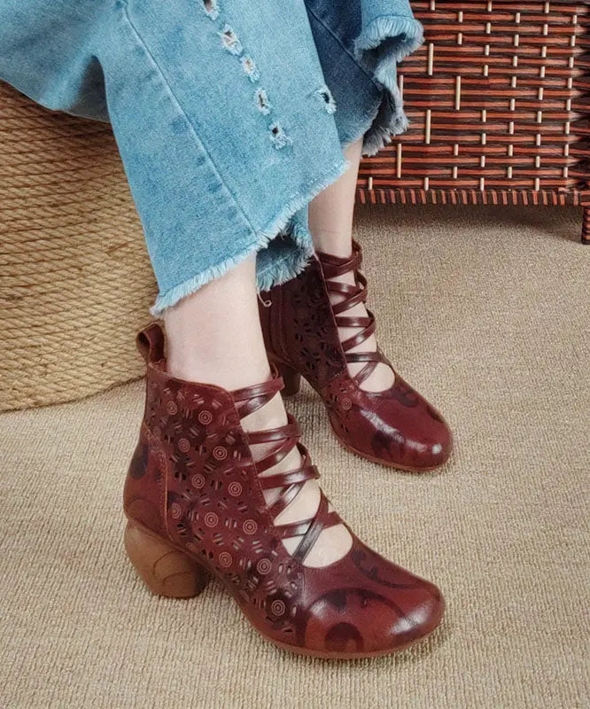 Handmade Splicing Chunky Boots Hollow Out Embossed Brown Cowhide Leather Ada Fashion