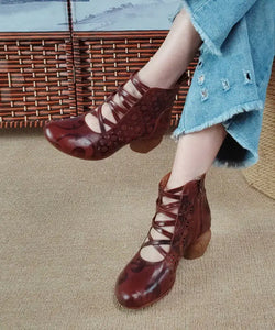Handmade Splicing Chunky Boots Hollow Out Embossed Brown Cowhide Leather Ada Fashion