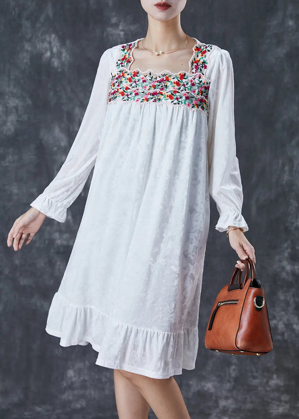 Handmade White Embroidered Silk Velour Holiday Dress Fall Ada Fashion