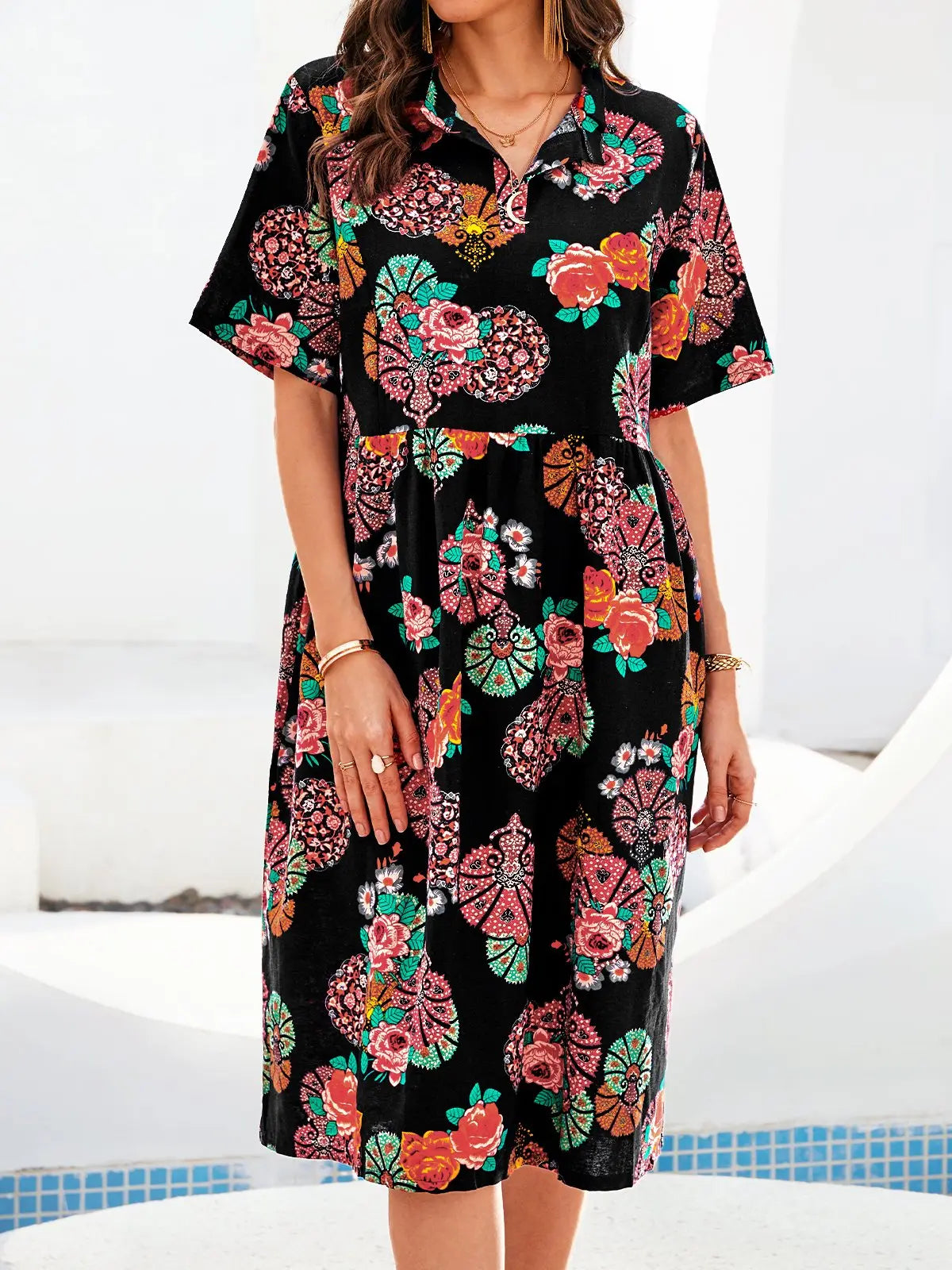 Hot selling printed cotton and linen women's short sleeve stand collar loose mid-length dress mysite