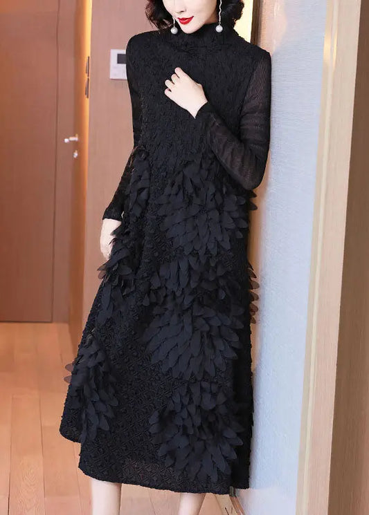 Italian Black Stand Collar Wrinkled Holiday Long Dress Fall Ada Fashion