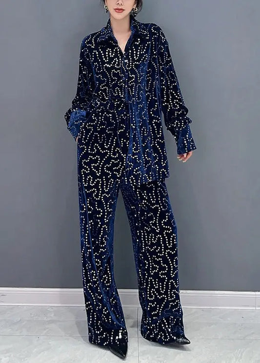 Italian Blue Sequins Tops And Pants Velour Two Piece Suit Set Fall Ada Fashion