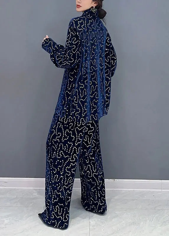 Italian Blue Sequins Tops And Pants Velour Two Piece Suit Set Fall Ada Fashion