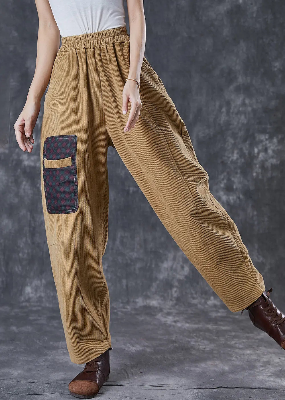 Italian Khaki Oversized Patchwork Applique Corduroy Pants Trousers Spring Ada Fashion