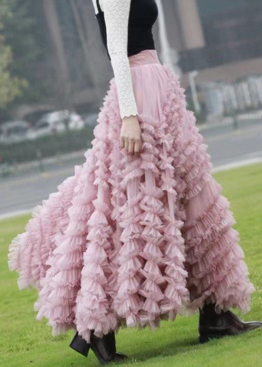 Italian Pink Ruffled High Waist Tulle Skirts Spring Ada Fashion