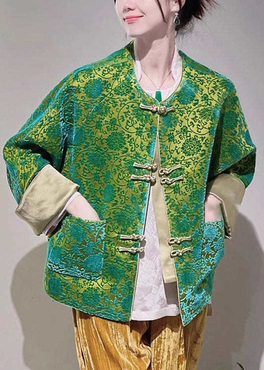 Jacquard Green Button Pockets Silk Blouse Long Sleeve Ada Fashion