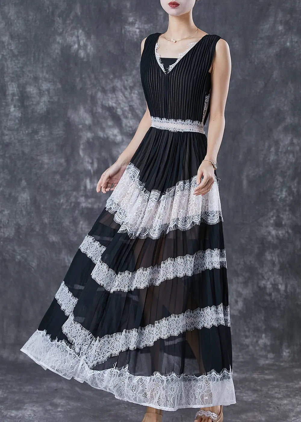 Lace Linen Silk Pleated Dresses Sleeveless Ada Fashion