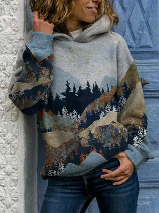 Ladies Mountain Treetop Print Hooded Sweatshirt AD210 adawholesale