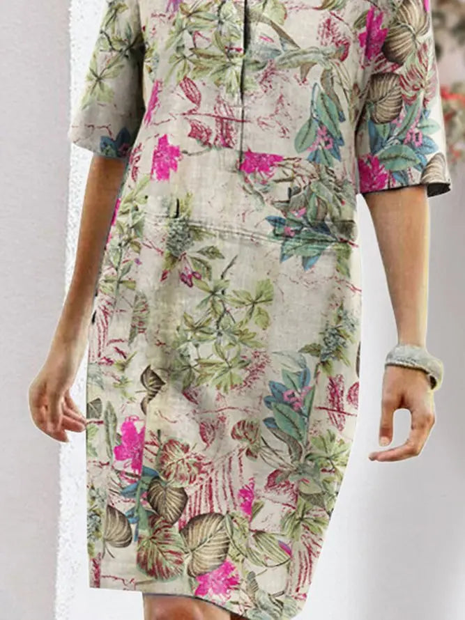 Large size ethnic printed V-neck cotton and linen mid-length V Neck Half Sleeve Dresses AD321 adawholesale