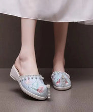 Load image into Gallery viewer, Light Green Wedge Cotton Fabric Embroidery Nail Bead Splicing Slide Sandals Ada Fashion
